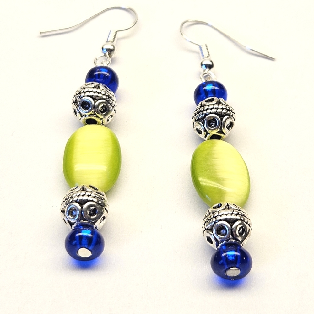 Handmade Earrings Green and Blue Beaded Earrings - Picture 2 of 6